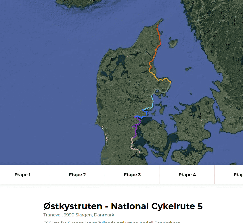 Kort over Danmark med Østkystruten fremhævet i forskellige farver.